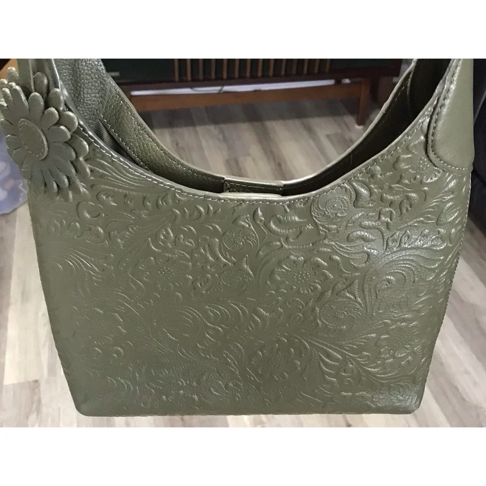 Shoulder Bag Tooled 100% Olive Green Leather Purse Handbag Made in India